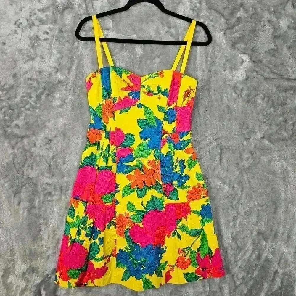 Nanette Leopore Dress Womens 4 Yellow Floral Cotton Blend Sundress